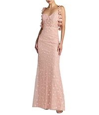 Mac Duggal Sleeveless Sequin Mesh Embellished Floral Detail Column Gown