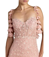 Mac Duggal Sleeveless Sequin Mesh Embellished Floral Detail Column Gown