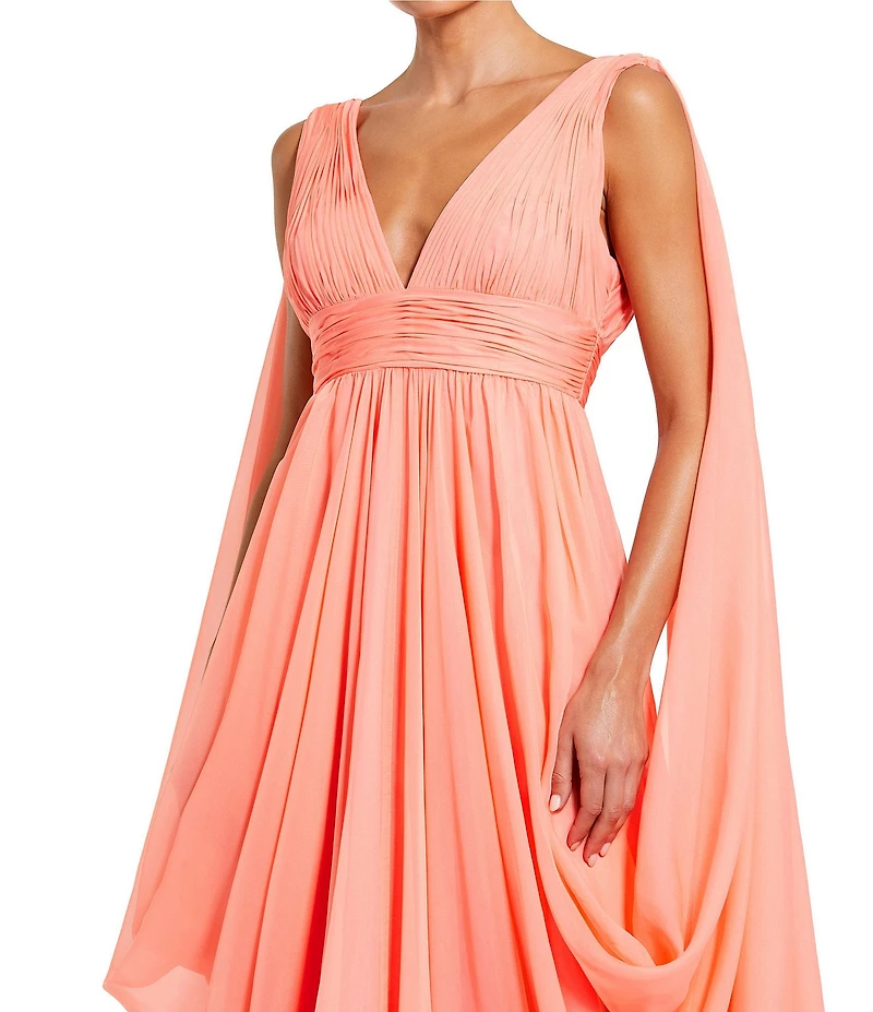 Mac Duggal Sleeveless Shirred Bodice V-Neck Drape Shoulder Chiffon A-Line Gown