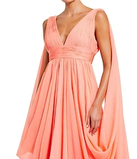 Mac Duggal Sleeveless Shirred Bodice V-Neck Drape Shoulder Chiffon A-Line Gown