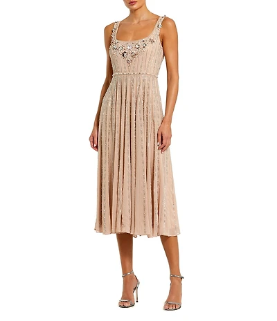 Mac Duggal Sleeveless Square Neck Embellished Mesh A-Line Dress