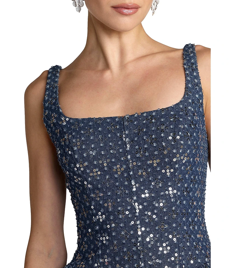 Mac Duggal Sleeveless Square Neck Sequin Denim Mini Dress