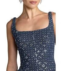Mac Duggal Sleeveless Square Neck Sequin Denim Mini Dress