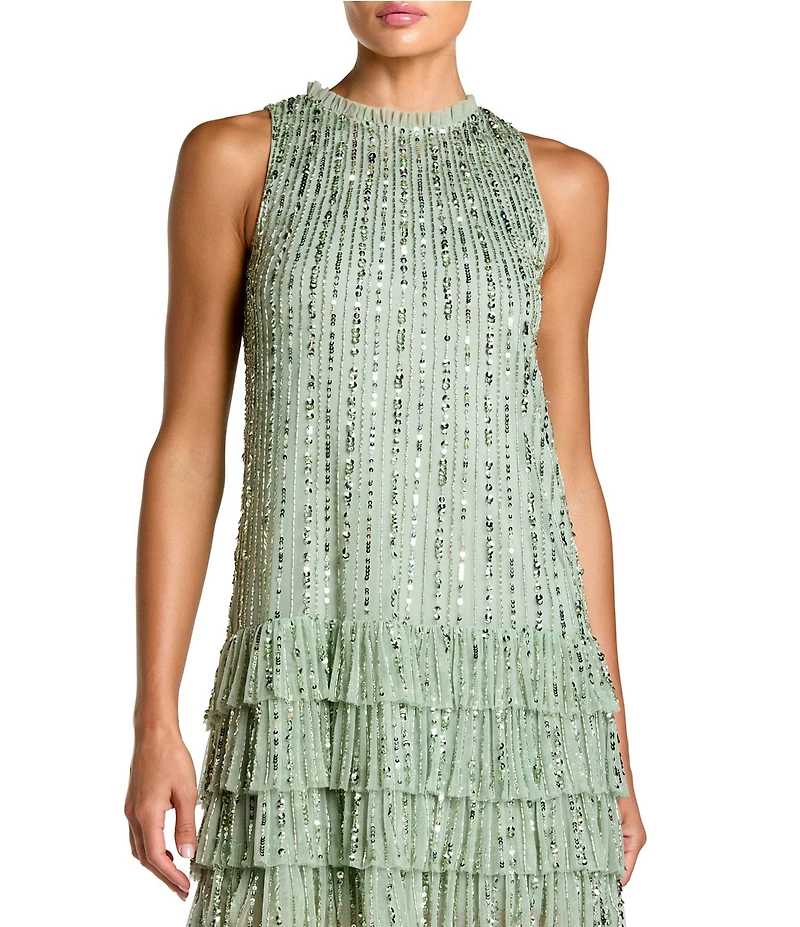 Mac Duggal Sleeveless Striped Sequin Tiered Ruffle Mini Dress