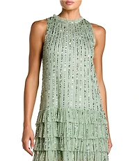 Mac Duggal Sleeveless Striped Sequin Tiered Ruffle Mini Dress