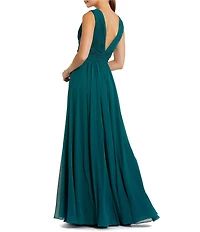 Mac Duggal Sleeveless V Neck Pleated Top Flowy Long Gown