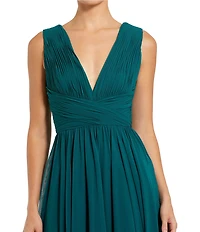 Mac Duggal Sleeveless V Neck Pleated Top Flowy Long Gown