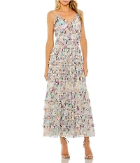 Mac Duggal Slim Strap V Neck Sequin Detail Ruffle Detail Maxi Dress