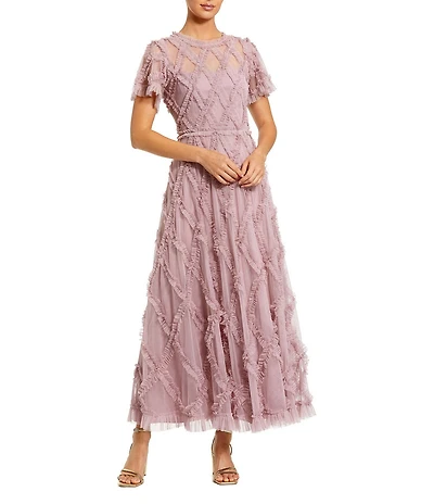 Mac Duggal Solid Mesh Dotted Ruffle Gown Dress