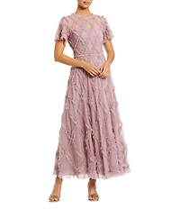 Mac Duggal Solid Mesh Dotted Ruffle Gown Dress