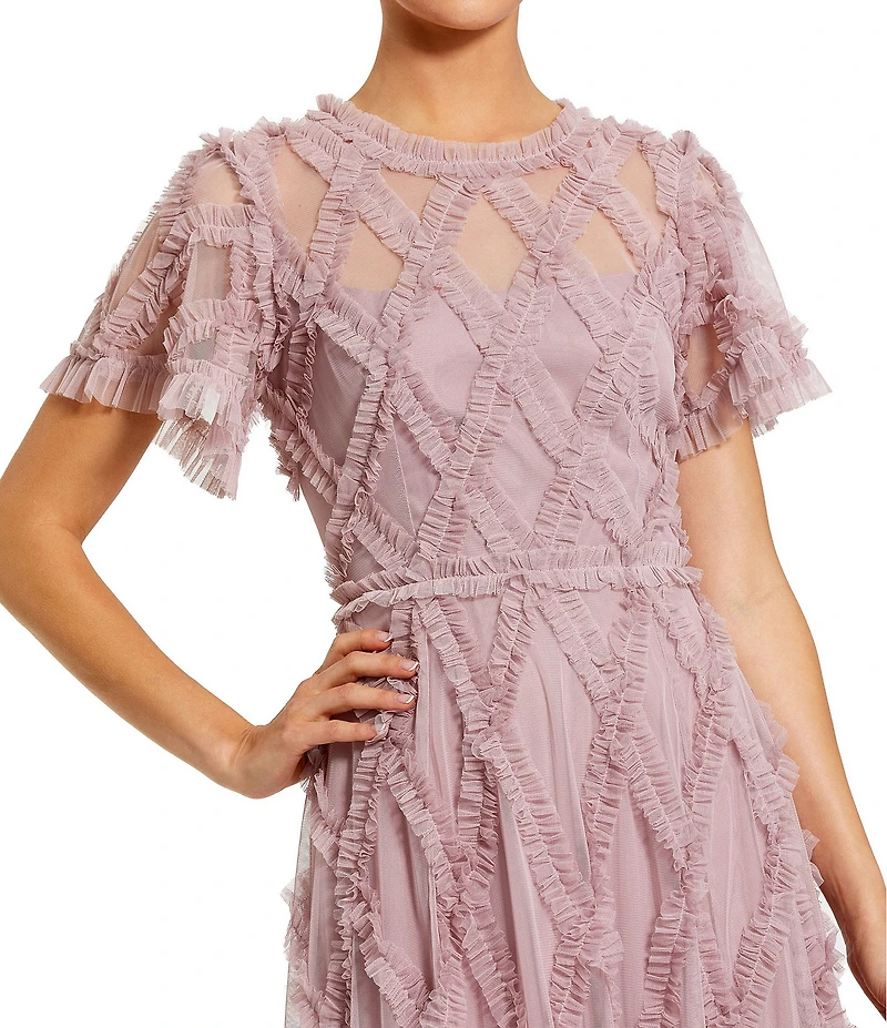 Mac Duggal Solid Mesh Dotted Ruffle Gown Dress