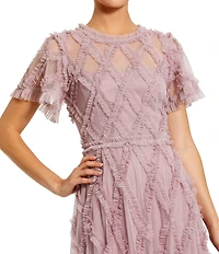 Mac Duggal Solid Mesh Dotted Ruffle Gown Dress