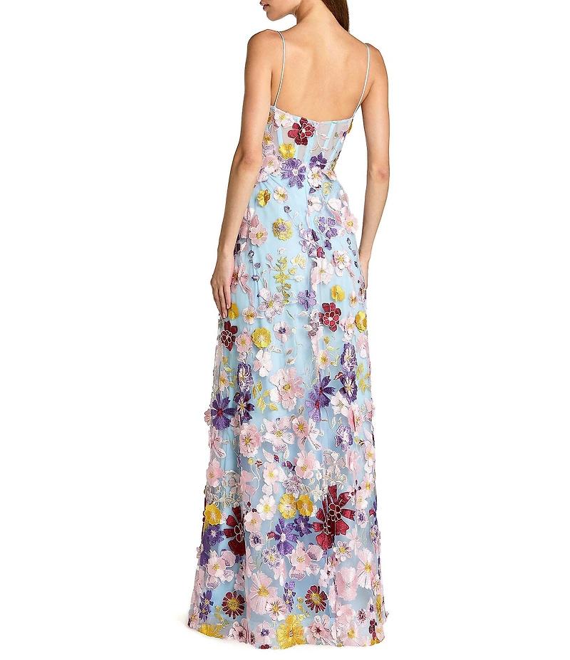 Mac Duggal Spaghetti Strap Floral Embroidered A-Line Gown