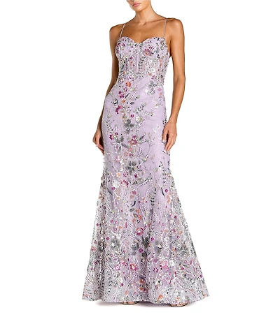 Mac Duggal Spaghetti Strap Floral Embroidered Trumpet Gown