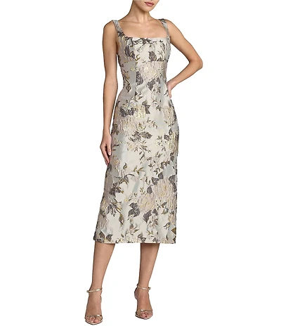 Mac Duggal Square Neck Brocade Midi Dress