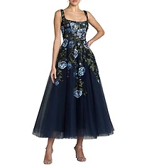 Mac Duggal Square Neck Embroidered Midi Dress