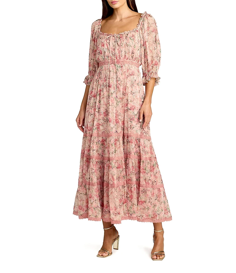 Mac Duggal Square Neck Floral Print 3/4 Sleeve Dress