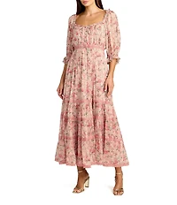 Mac Duggal Square Neck Floral Print 3/4 Sleeve Dress