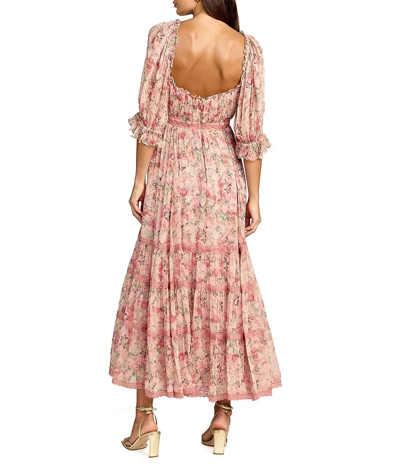 Mac Duggal Square Neck Floral Print 3/4 Sleeve Dress