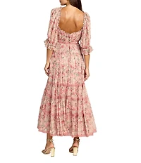 Mac Duggal Square Neck Floral Print 3/4 Sleeve Dress