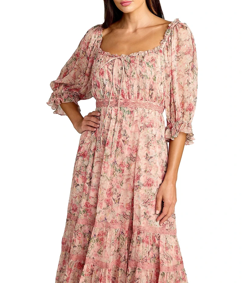 Mac Duggal Square Neck Floral Print 3/4 Sleeve Dress