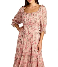 Mac Duggal Square Neck Floral Print 3/4 Sleeve Dress