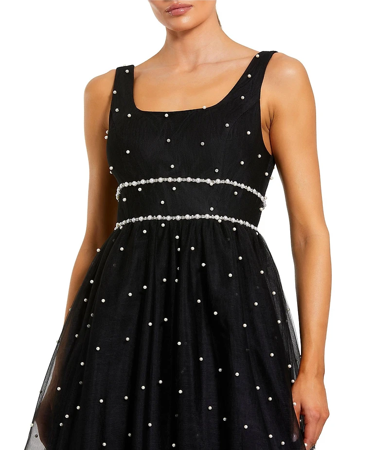 Mac Duggal Square Neck Pearl Trim A Line Gown