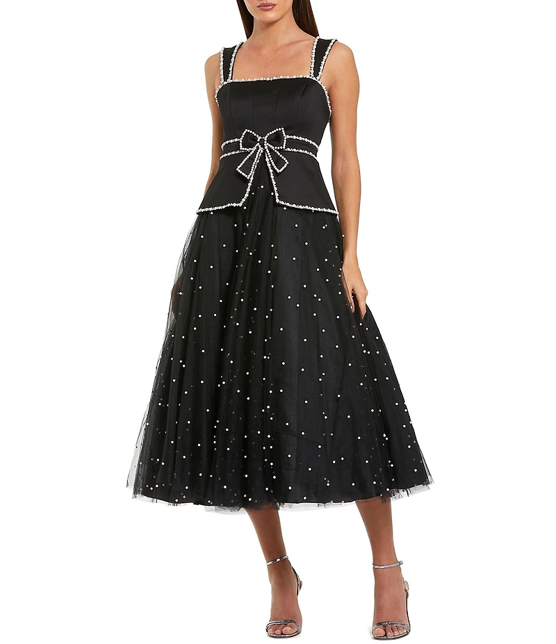 Mac Duggal Square Neck Pearl Trim Tulle Midi Dress