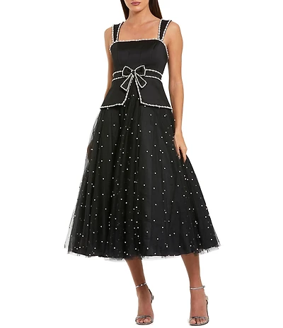 Mac Duggal Square Neck Pearl Trim Tulle Midi Dress