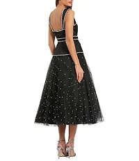 Mac Duggal Square Neck Pearl Trim Tulle Midi Dress