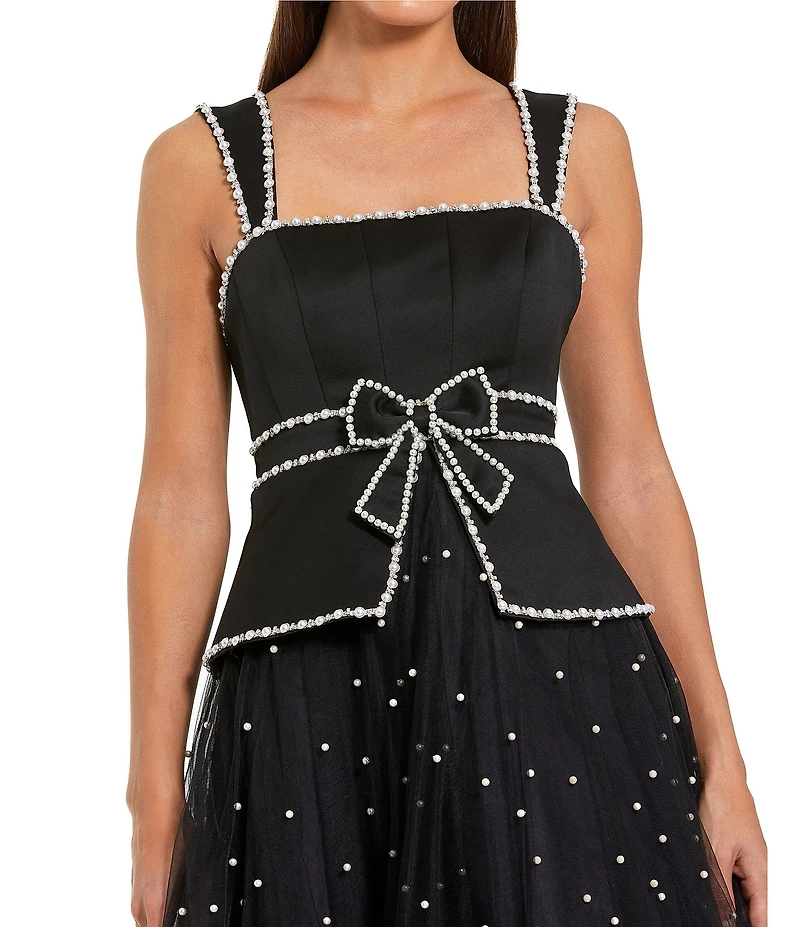 Mac Duggal Square Neck Pearl Trim Tulle Midi Dress