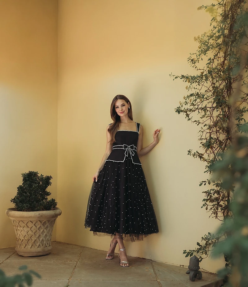 Mac Duggal Square Neck Pearl Trim Tulle Midi Dress