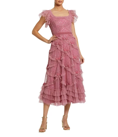 Mac Duggal Square Neck Ruffle Shoulder Dotted Sequined Mesh Micro Ruffle Bow Midi Dress