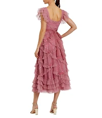 Mac Duggal Square Neck Ruffle Shoulder Dotted Sequined Mesh Micro Ruffle Bow Midi Dress