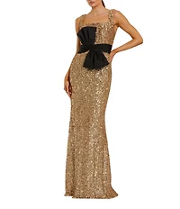Mac Duggal Square Neck Sequin Front Bow Sheath Gown