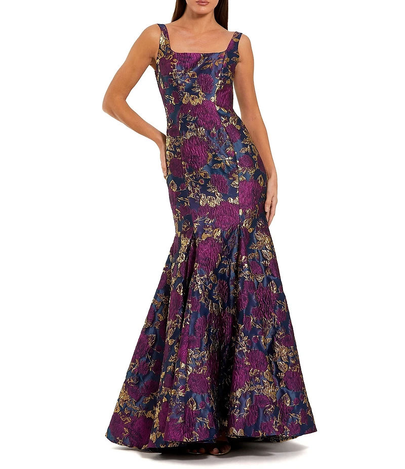 Mac Duggal Square Neck Sleeveless Floral Brocade Mermaid Gown