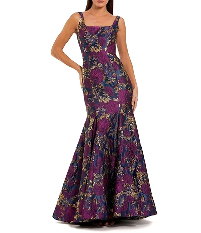 Mac Duggal Square Neck Sleeveless Floral Brocade Mermaid Gown