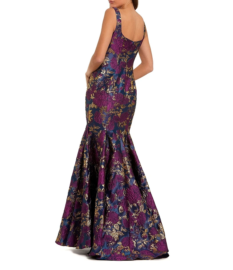 Mac Duggal Square Neck Sleeveless Floral Brocade Mermaid Gown