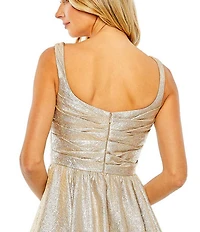 Mac Duggal Square Neck Sleeveless Metallic Pleated Ball Gown