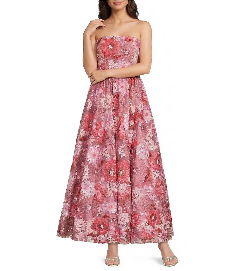Mac Duggal Strapless 3D Floral Sequin Aline Tea Length Dress