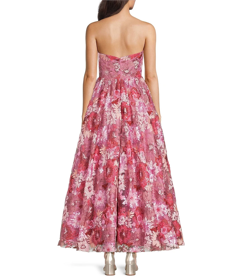 Mac Duggal Strapless 3D Floral Sequin Aline Tea Length Dress