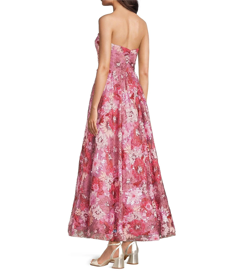Mac Duggal Strapless 3D Floral Sequin Aline Tea Length Dress