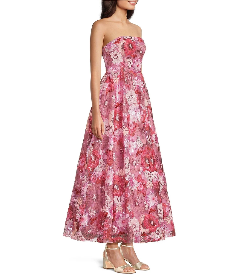 Mac Duggal Strapless 3D Floral Sequin Aline Tea Length Dress