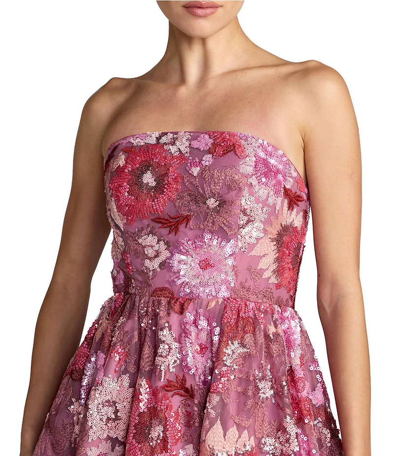 Mac Duggal Strapless 3D Floral Sequin Aline Tea Length Dress