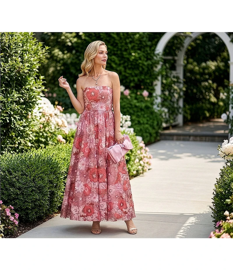 Mac Duggal Strapless 3D Floral Sequin Aline Tea Length Dress