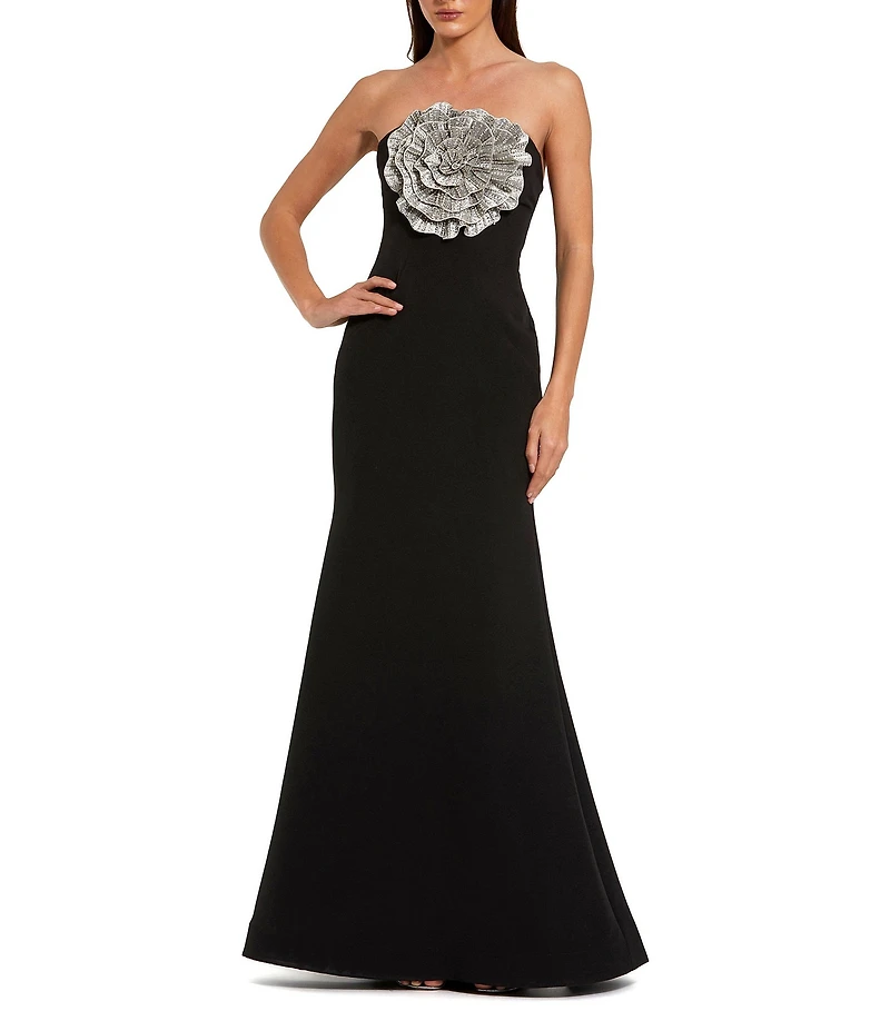 Mac Duggal Strapless 3D Rhinestone Flower Crepe Column Gown