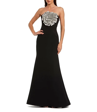Mac Duggal Strapless 3D Rhinestone Flower Crepe Column Gown