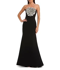 Mac Duggal Strapless 3D Rhinestone Flower Crepe Column Gown