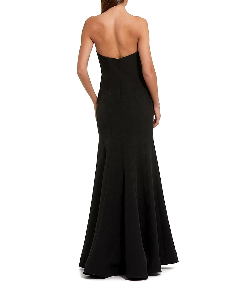 Mac Duggal Strapless 3D Rhinestone Flower Crepe Column Gown