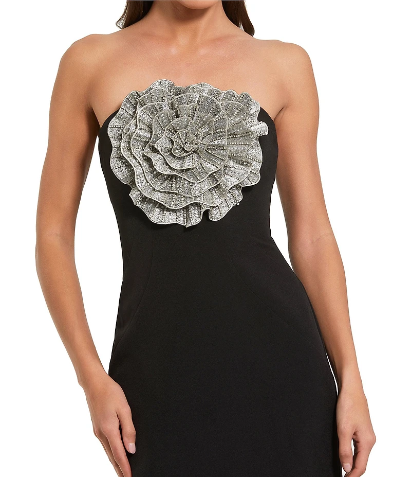 Mac Duggal Strapless 3D Rhinestone Flower Crepe Column Gown